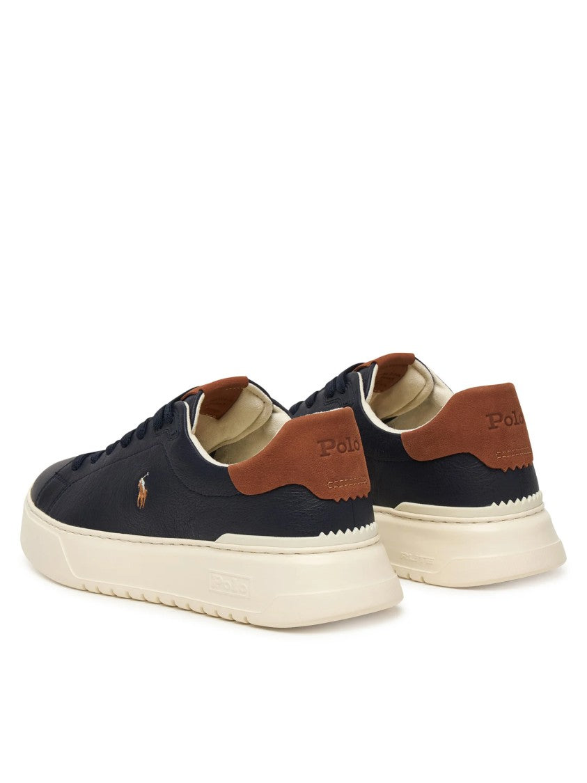 Polo Ralph Lauren Navy Leather Low-Top Sneakers With Contrasting Brown Accents