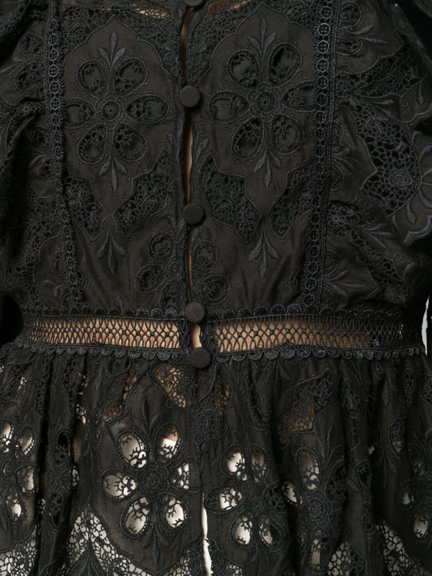 Self-Portrait Black Macramè Shirt With Floral Lace Patterns