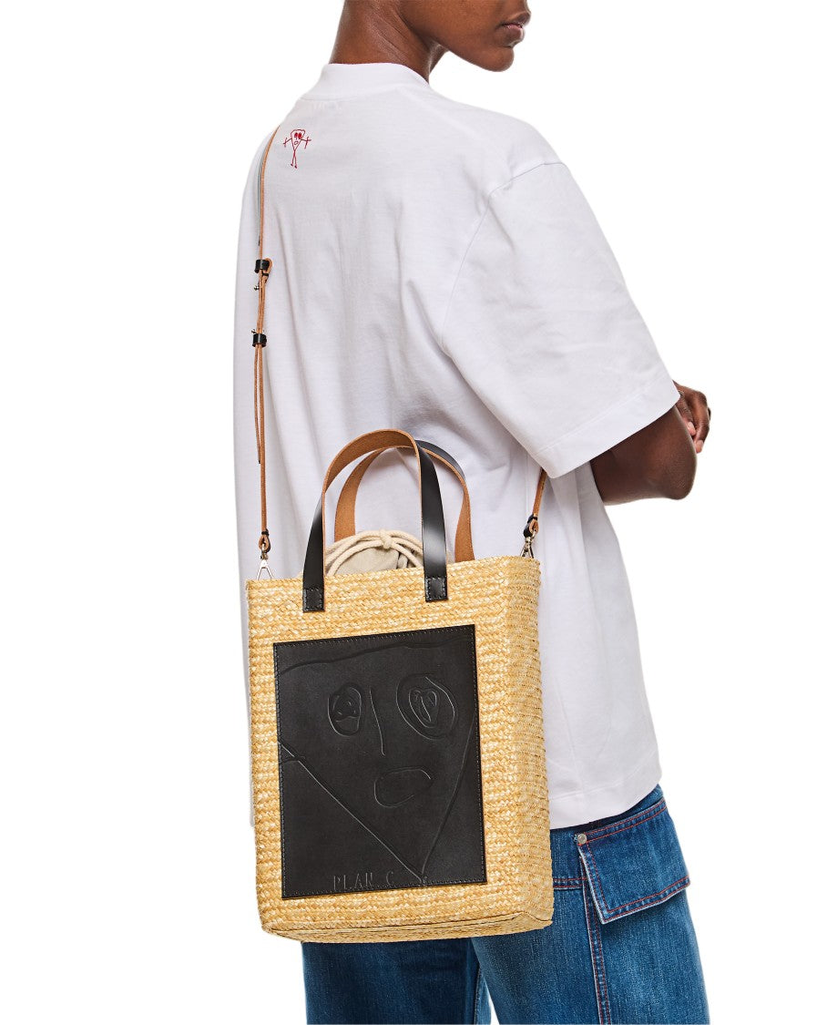 Plan C Woven Straw Medium Shopper Bag With Adjustable Strap And Abstract Design