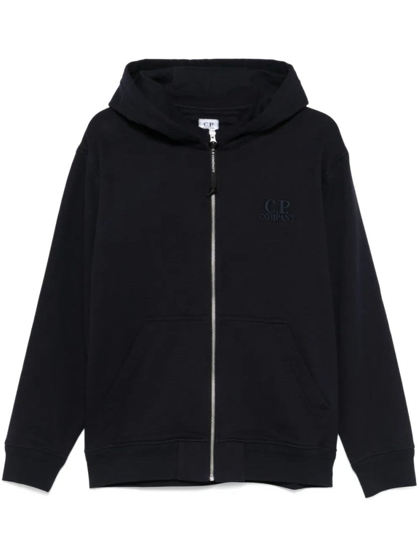 C.P. Company Navy Blue Zip-Up Hoodie With Drawstring Hood And Logo