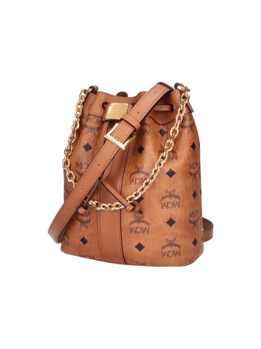 Mcm Brown Dessau Visetos Monogram Drawstring Bucket Bag