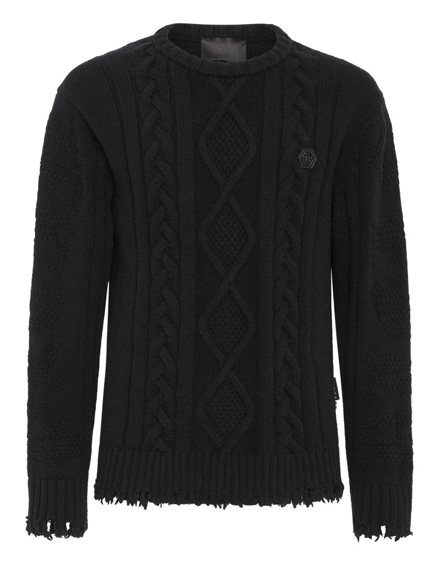 Philipp Plein Black Wool Cable-Knit Logo-Patch Sweater