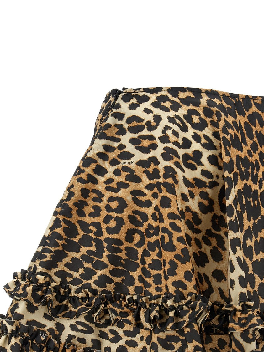 Ganni 'Leopard Duchesse Nylon Mini Frill' Skirt