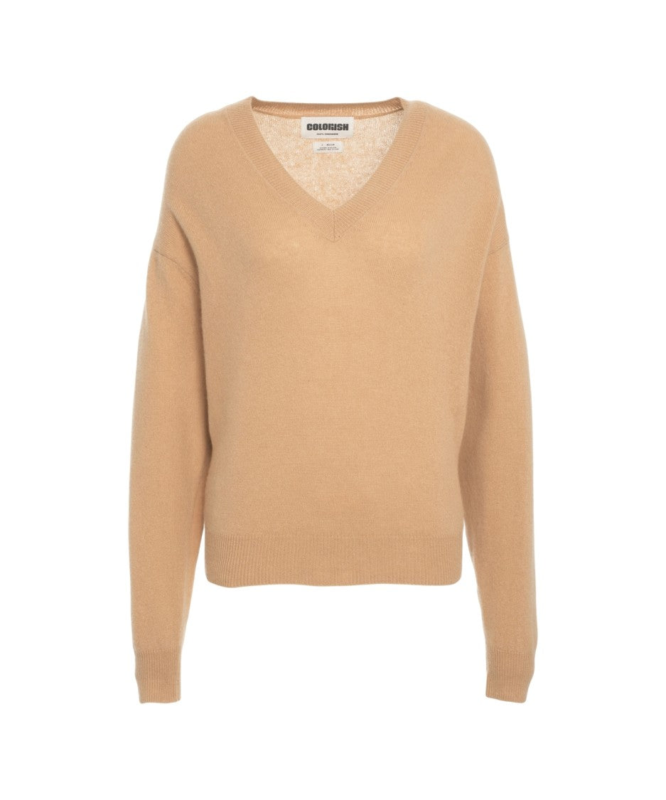 Crush Beige Cashmere Sweater With V-Neck And Ribbed Detailing
