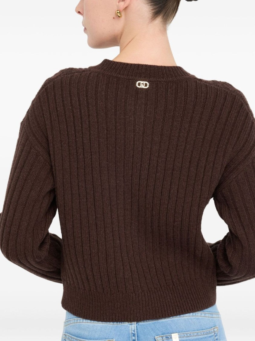 Liu Jo Cropped Brown Sweater With Cable Knit Design