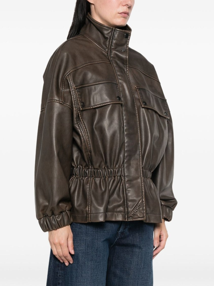 Pinko High Collar Relaxed Fit Smooth Leather Jacket