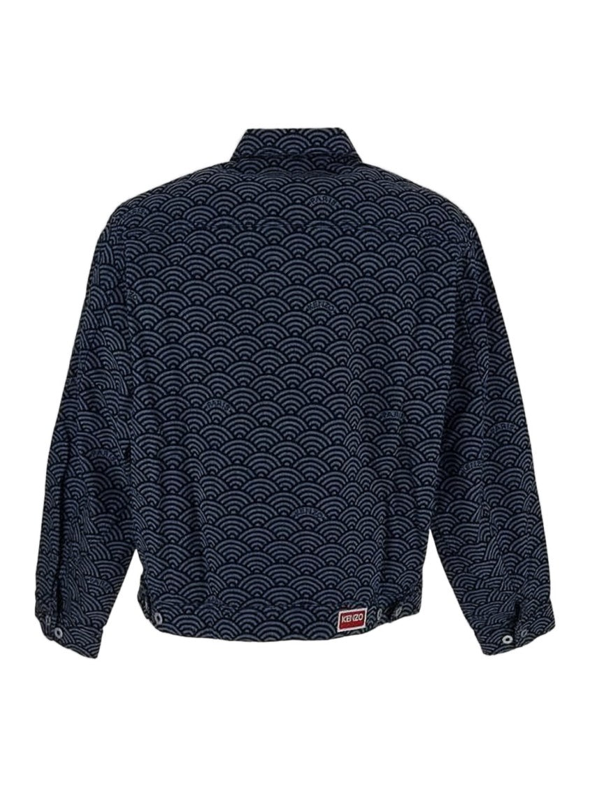Kenzo Cropped Denim Jacket With Wave Pattern And Zippered Pocket