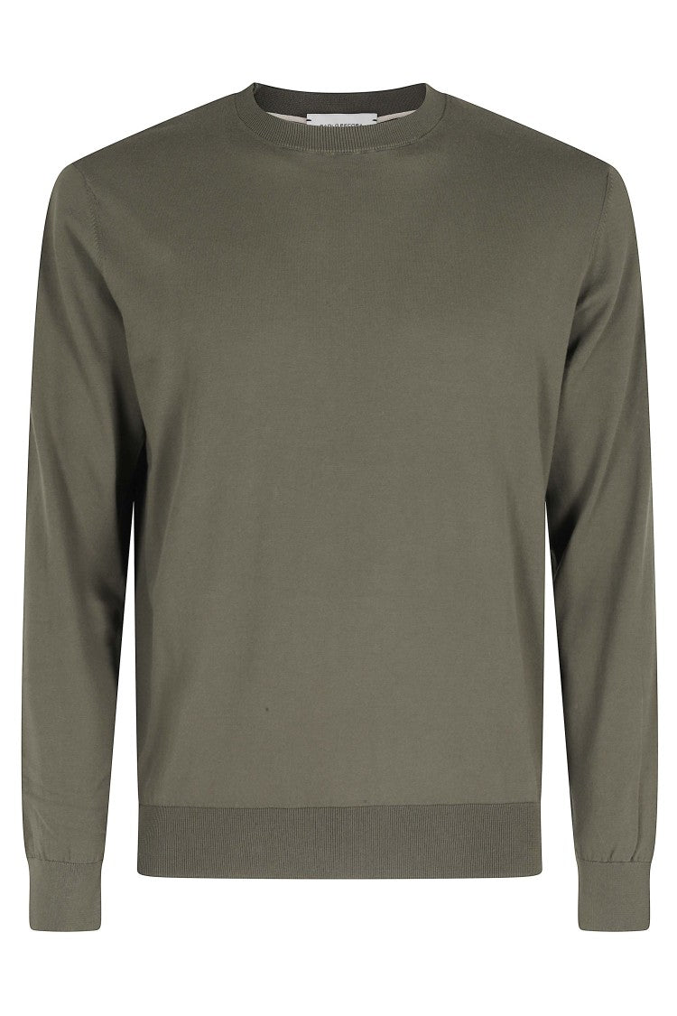 Paolo Pecora Green Round Neck Ribbed-Trim Cotton Sweater