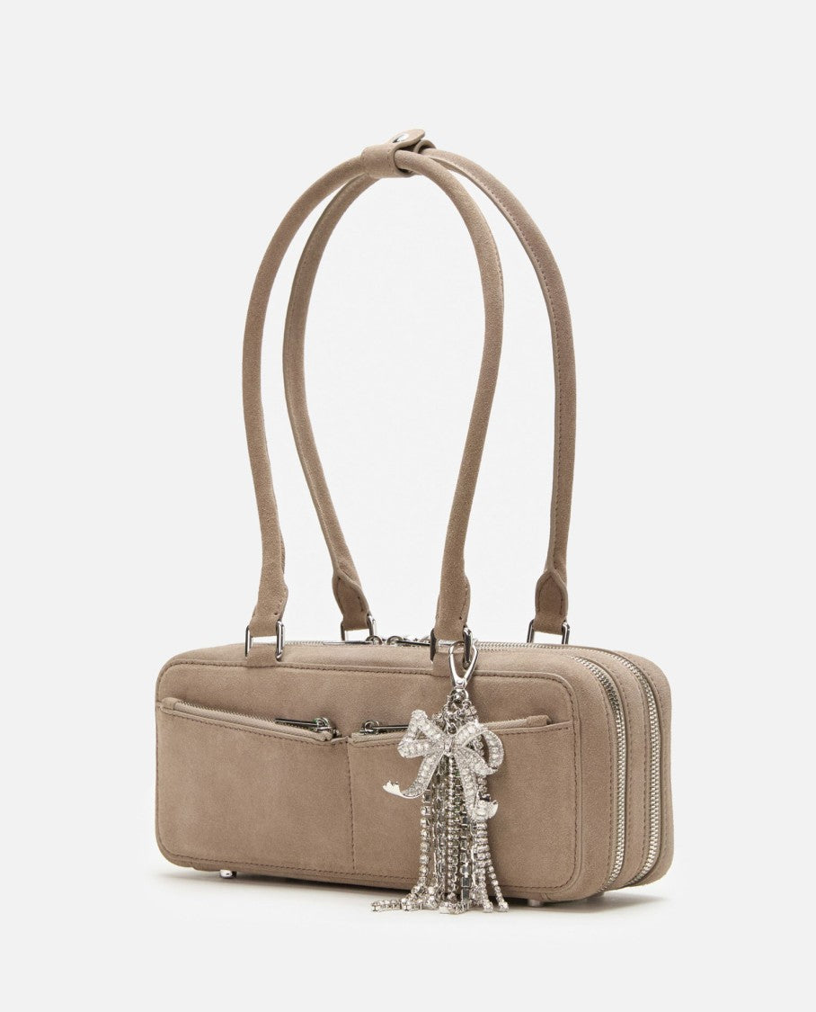 Self-Portrait Grey Suede Baguette Shoulder Bag With Charm