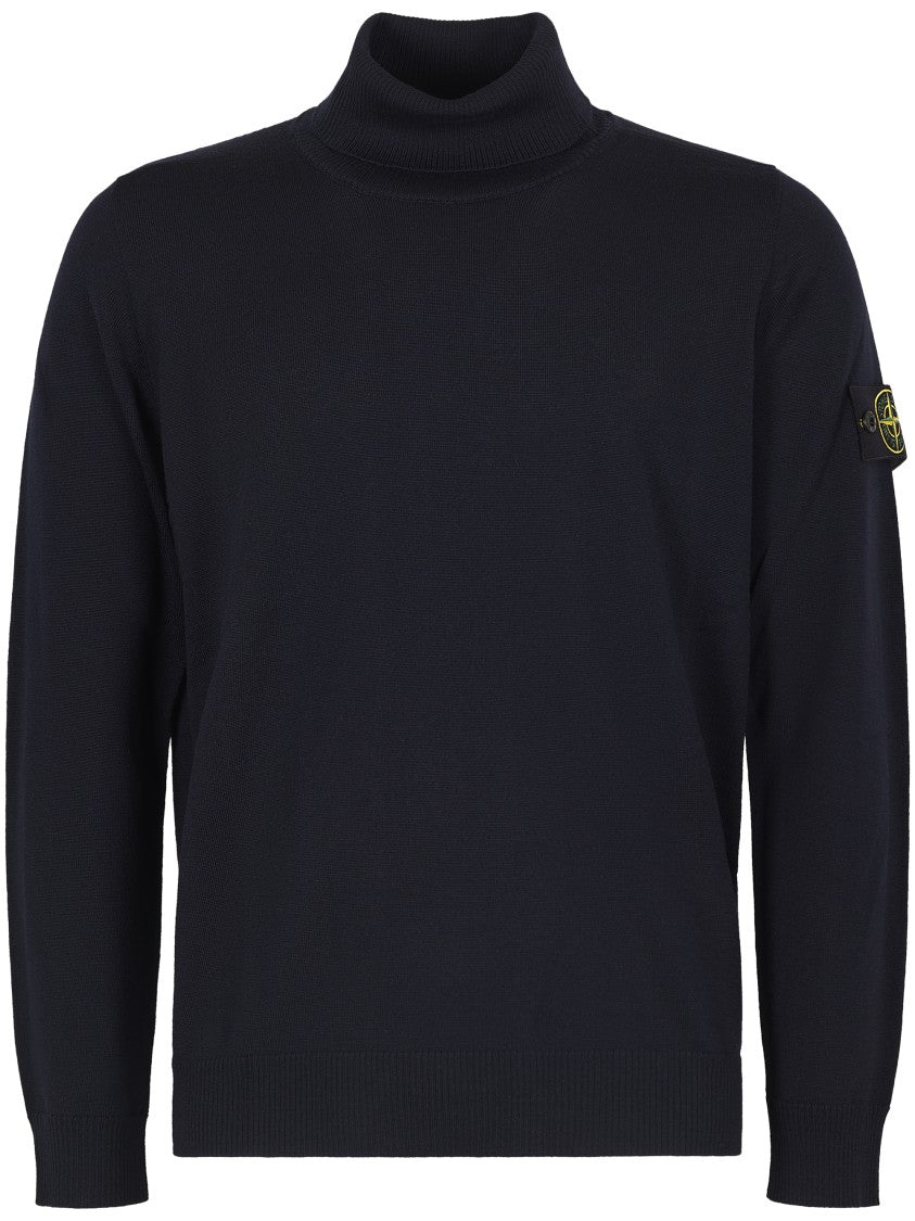 Stone Island Navy Blue Textured Knit Turtleneck Sweater