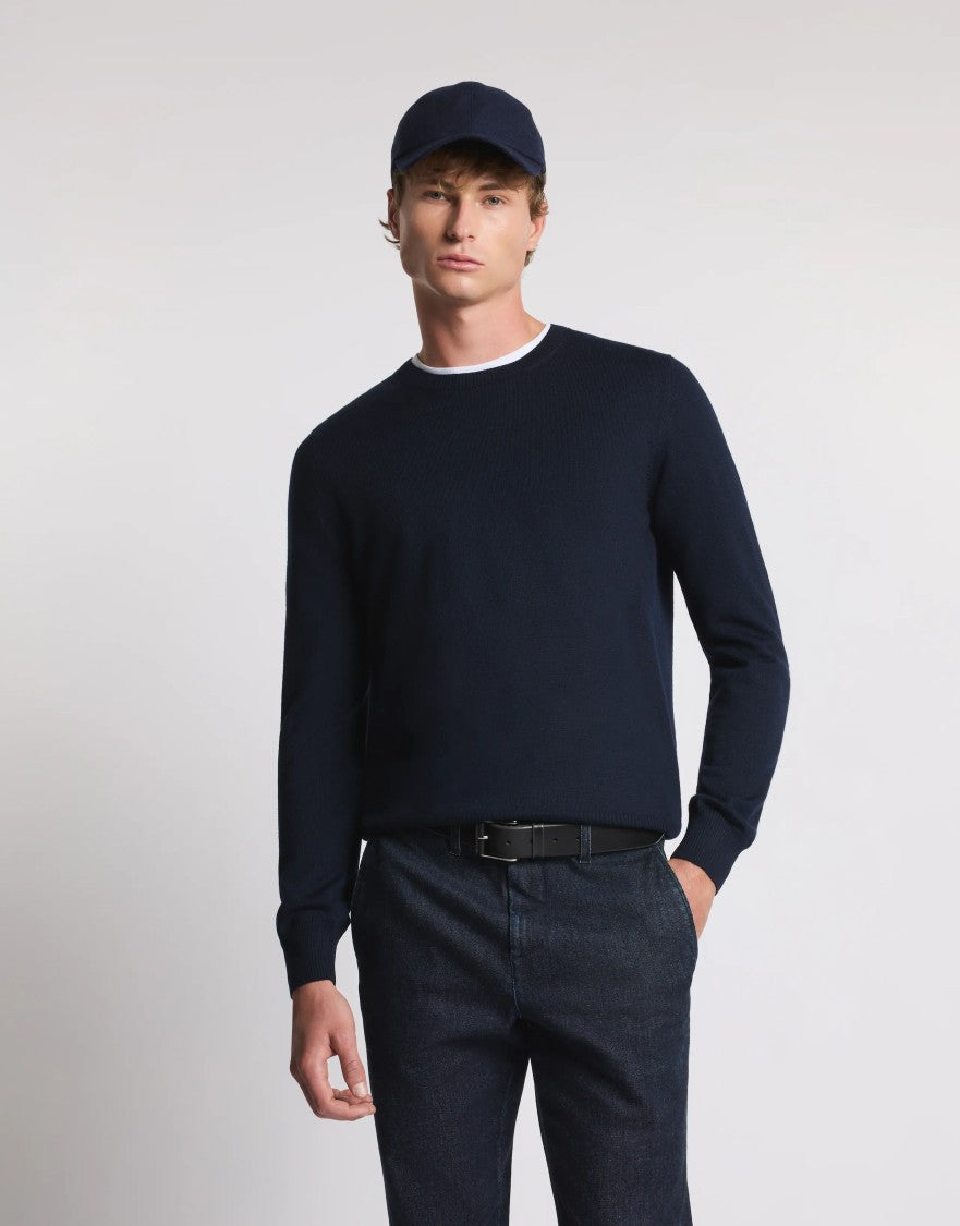 Fay Refined Crew Neck Sweater In Deep Navy Wool