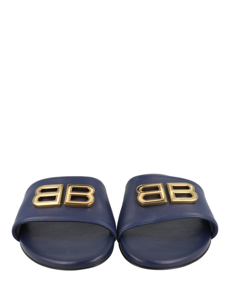 Balenciaga Flat Slide Sandals With Gold-Tone Bb Logo And Smooth Finish