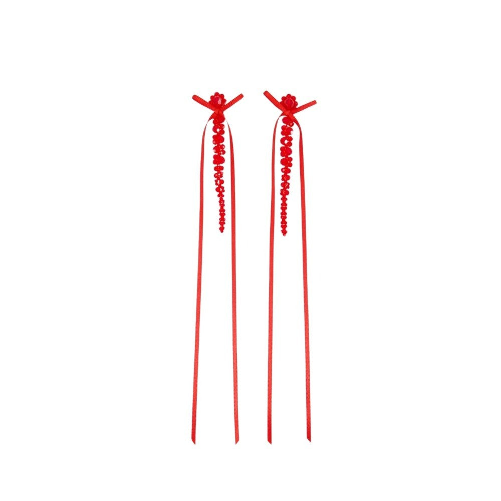 Simone Rocha Slim Bow Ribbon Drip Earrings - Crystal - Red