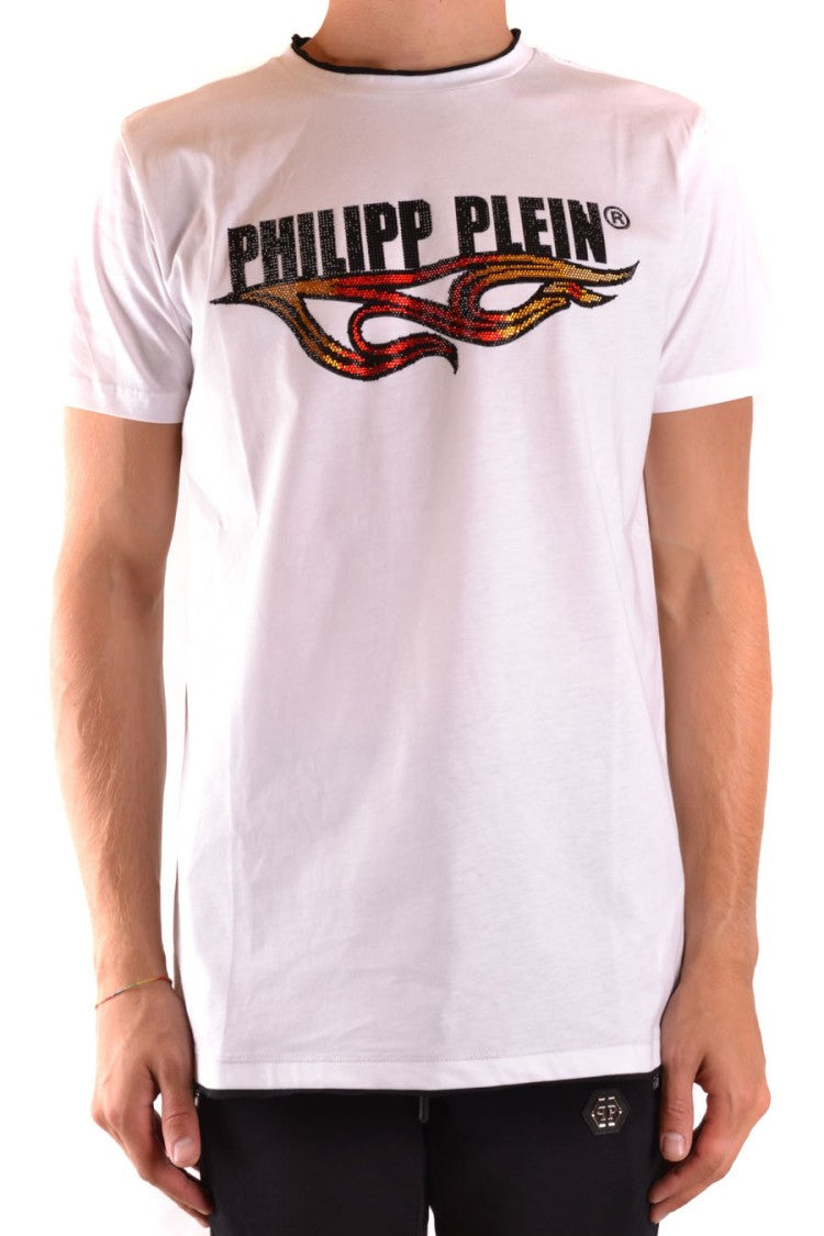 Philipp Plein Graphic White T-Shirt With Flame Motifs