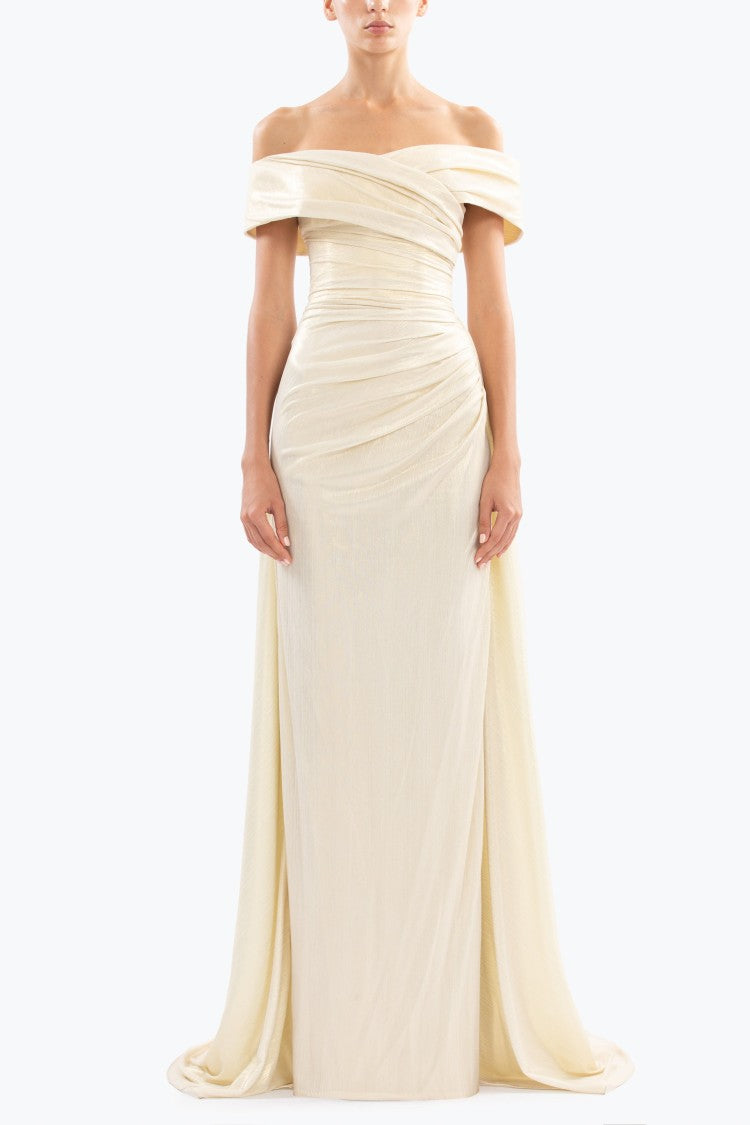 Saiid Kobeisy Gold Lame Off-Shoulder Dress