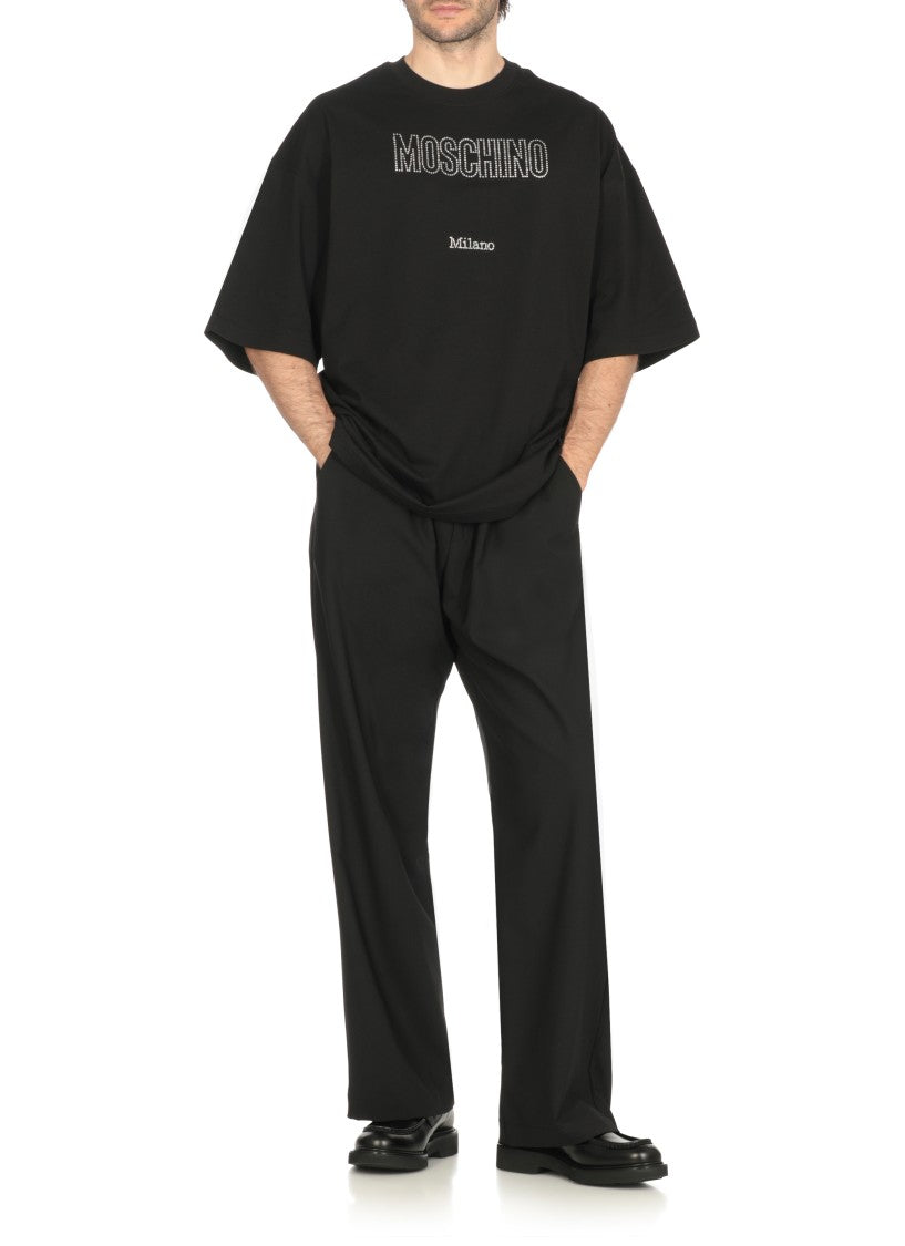 Moschino Cotton T-Shirt With Strass Logo Detailing