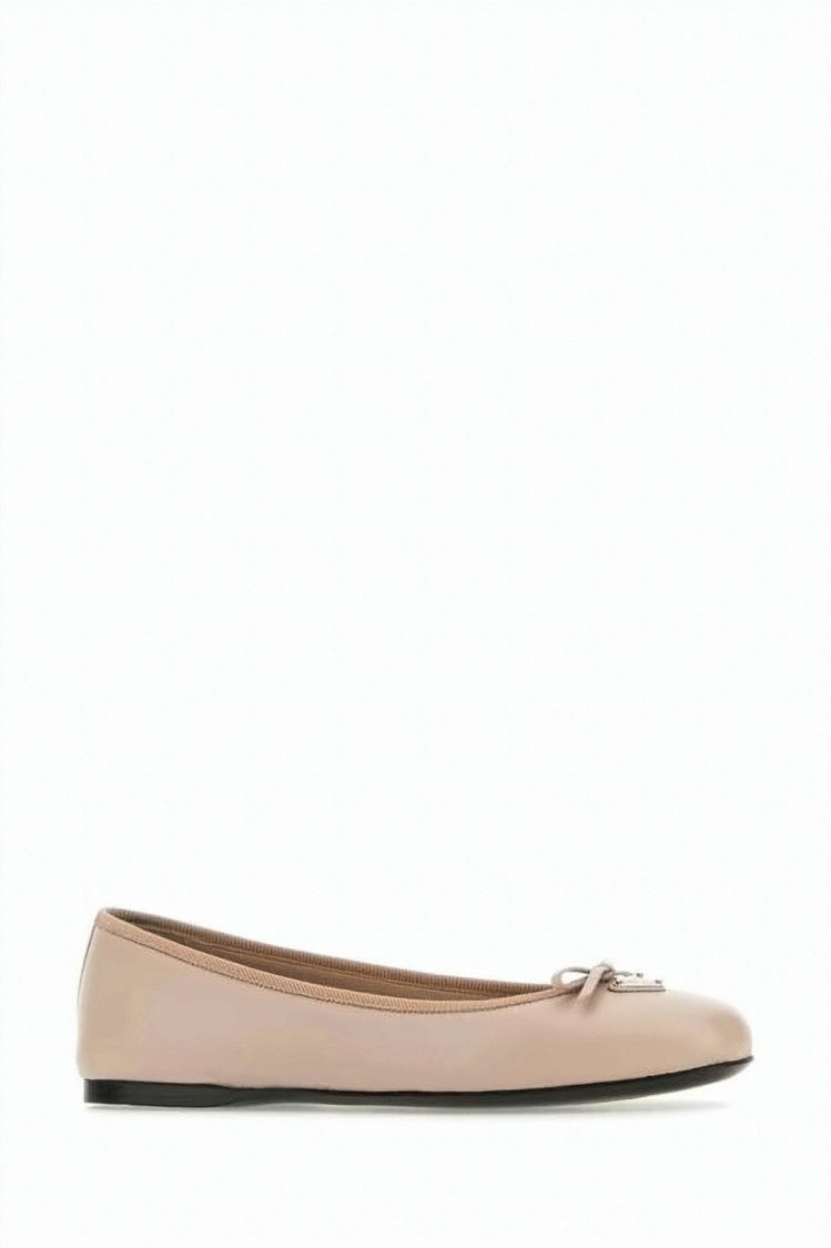 Prada Beige Leather Flats With Decorative Bow