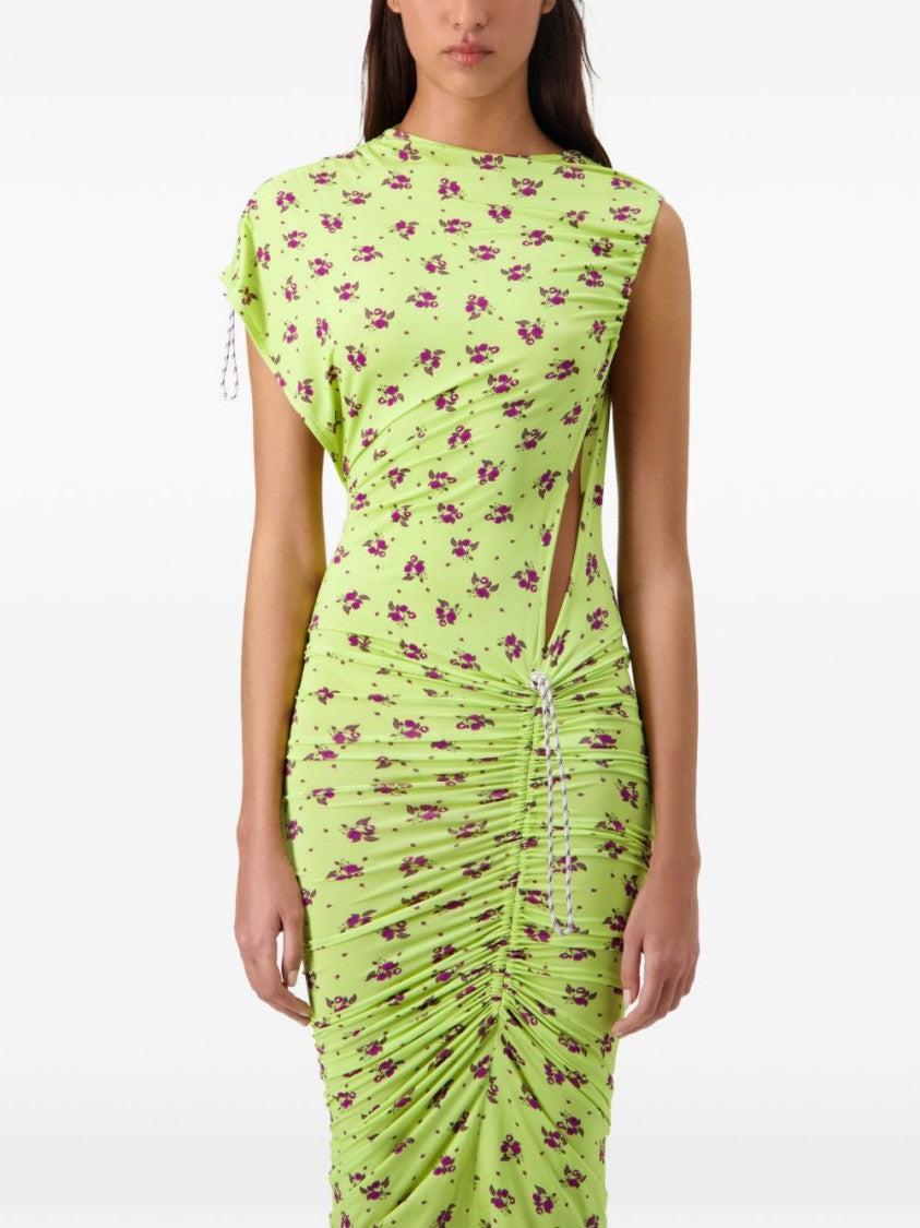 Coperni Green Floral Print Ruched Midi Dress