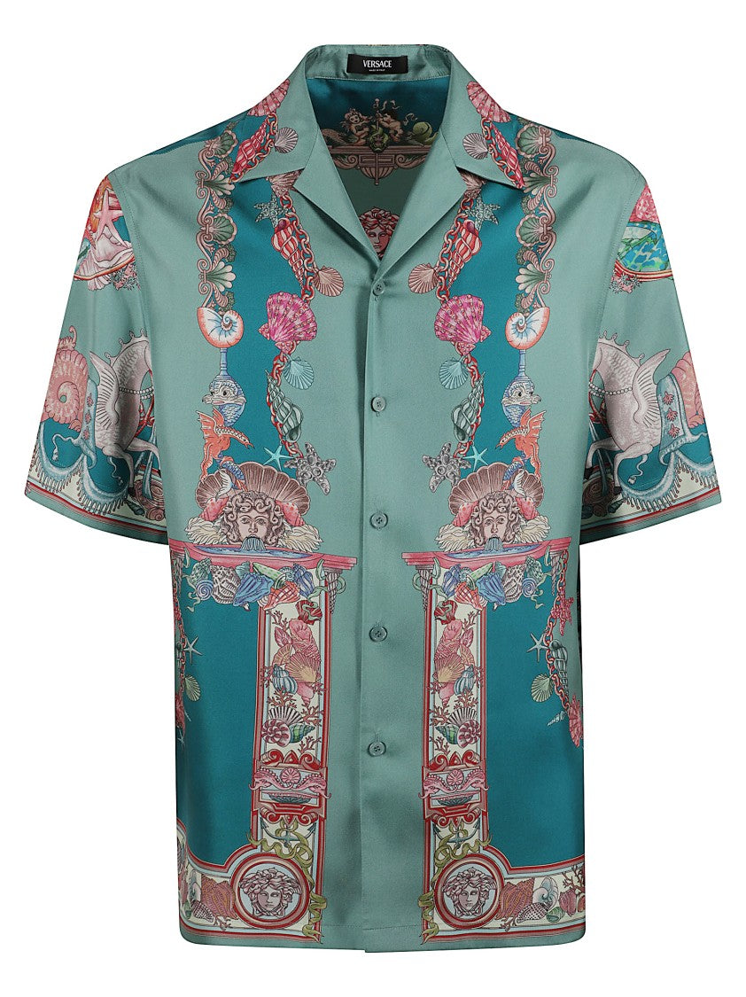 Versace Coral Theatre Print Silk Twill Short-Sleeve Shirt
