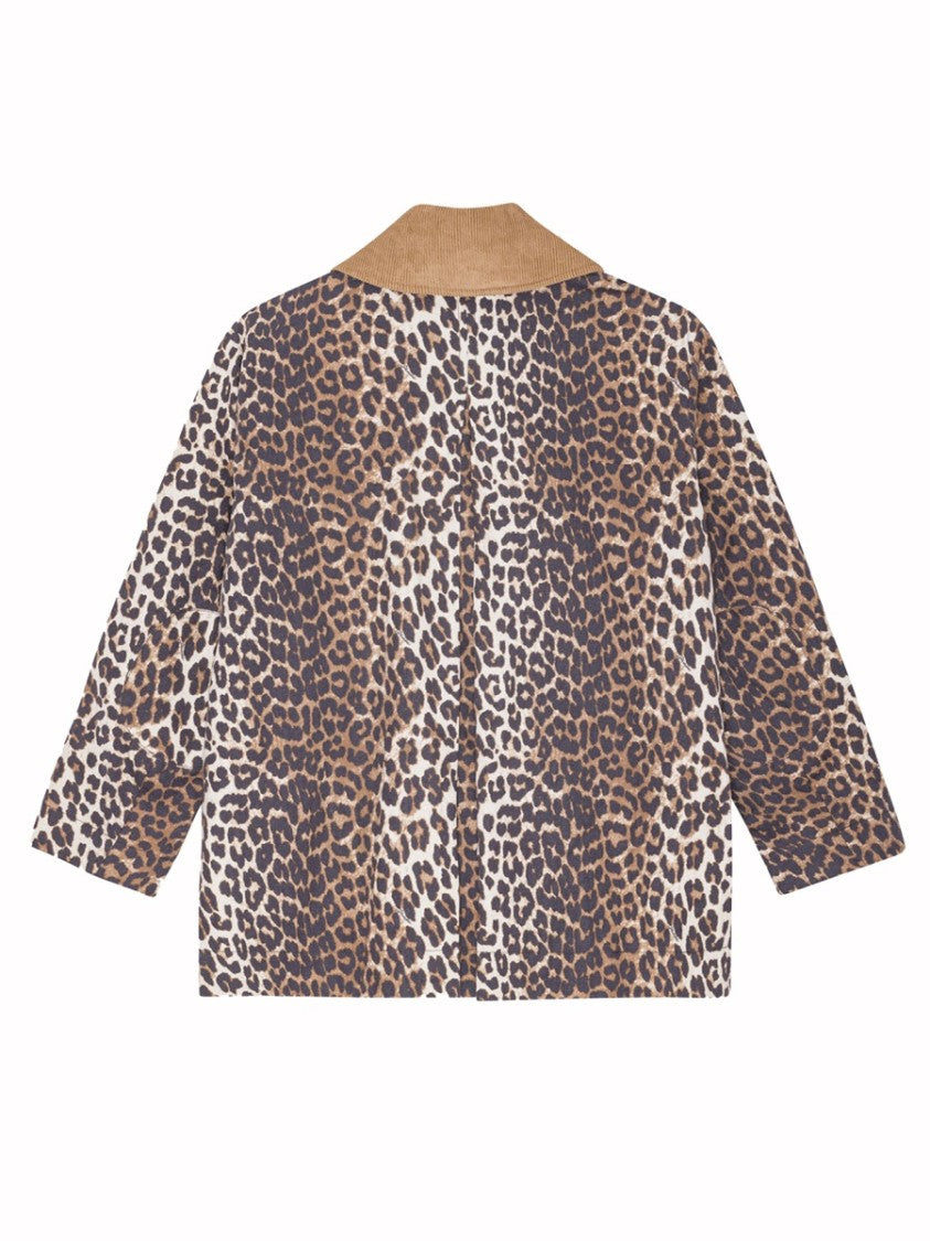 Ganni Leopard Print Hemp-Blend Midi Jacket