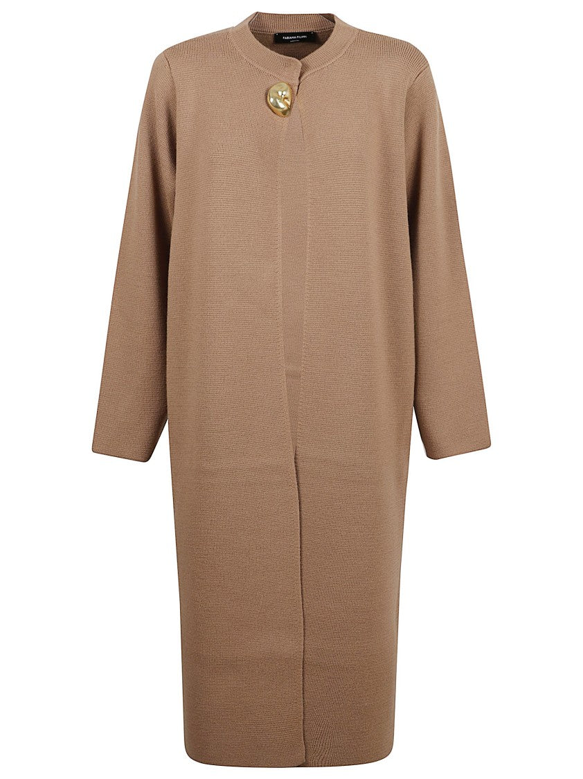 Fabiana Filippi Camel Long Sleeve Sweater With Gold-Tone Button