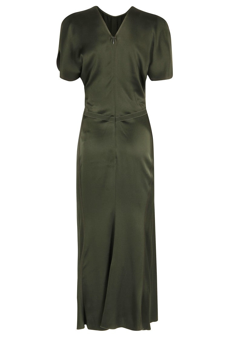 Victoria Beckham Gathered Waist Midi Dress In Olive Crepe Satin