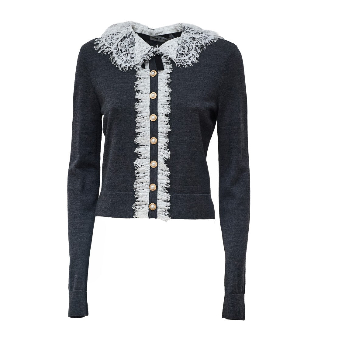 Self-Portrait Knit Cardigan With Ruffled Lace Collar And Jewel Buttons