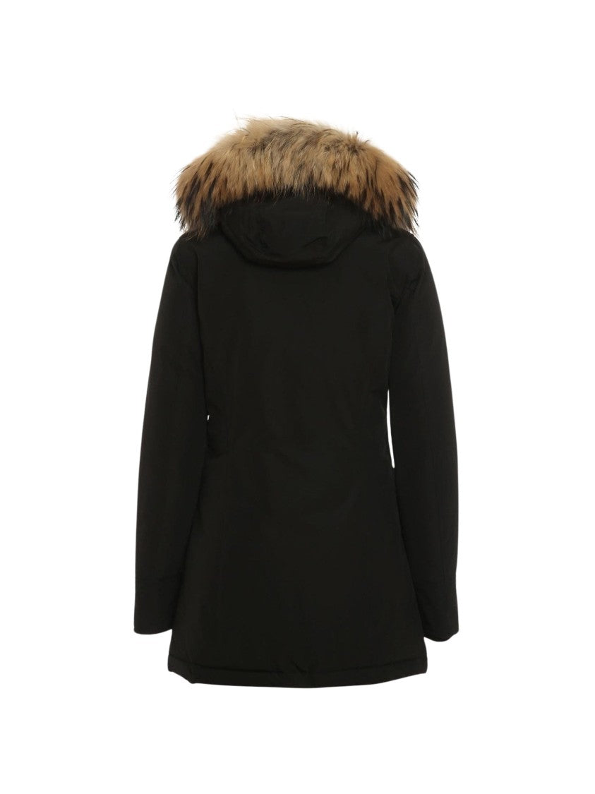 Woolrich Structured Black Parka With Racoon Fur Trim