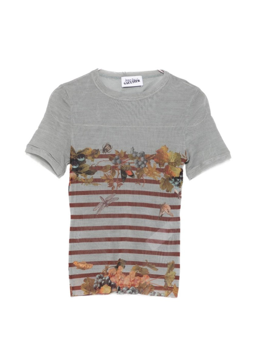 Jean Paul Gaultier Short-Sleeve Fitted Top With Floral Motif And Stripes