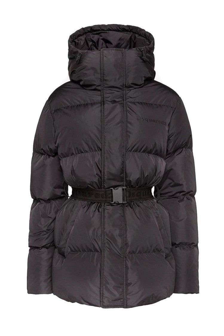 Dsquared2 Black Quilted Hooded Belted Down Coat
