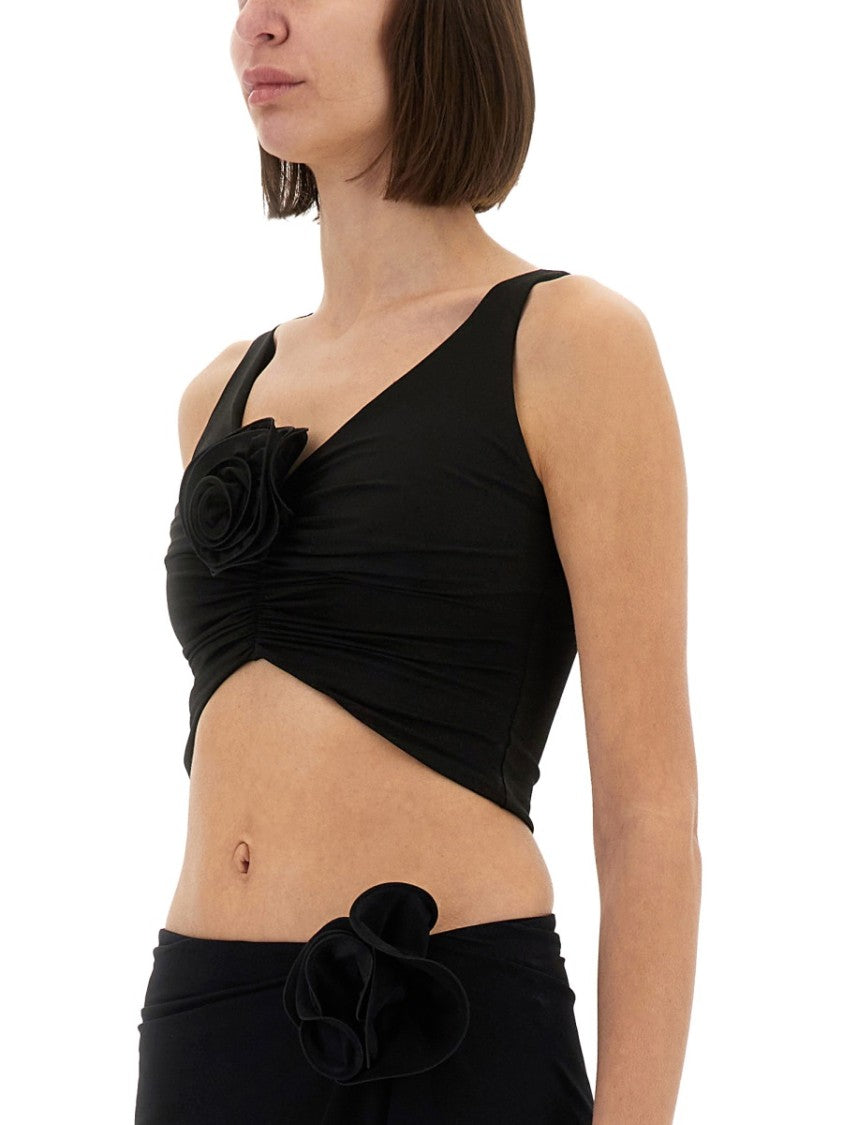 Magda Butrym Fitted Black Top With V-Neckline And Floral Embellishment