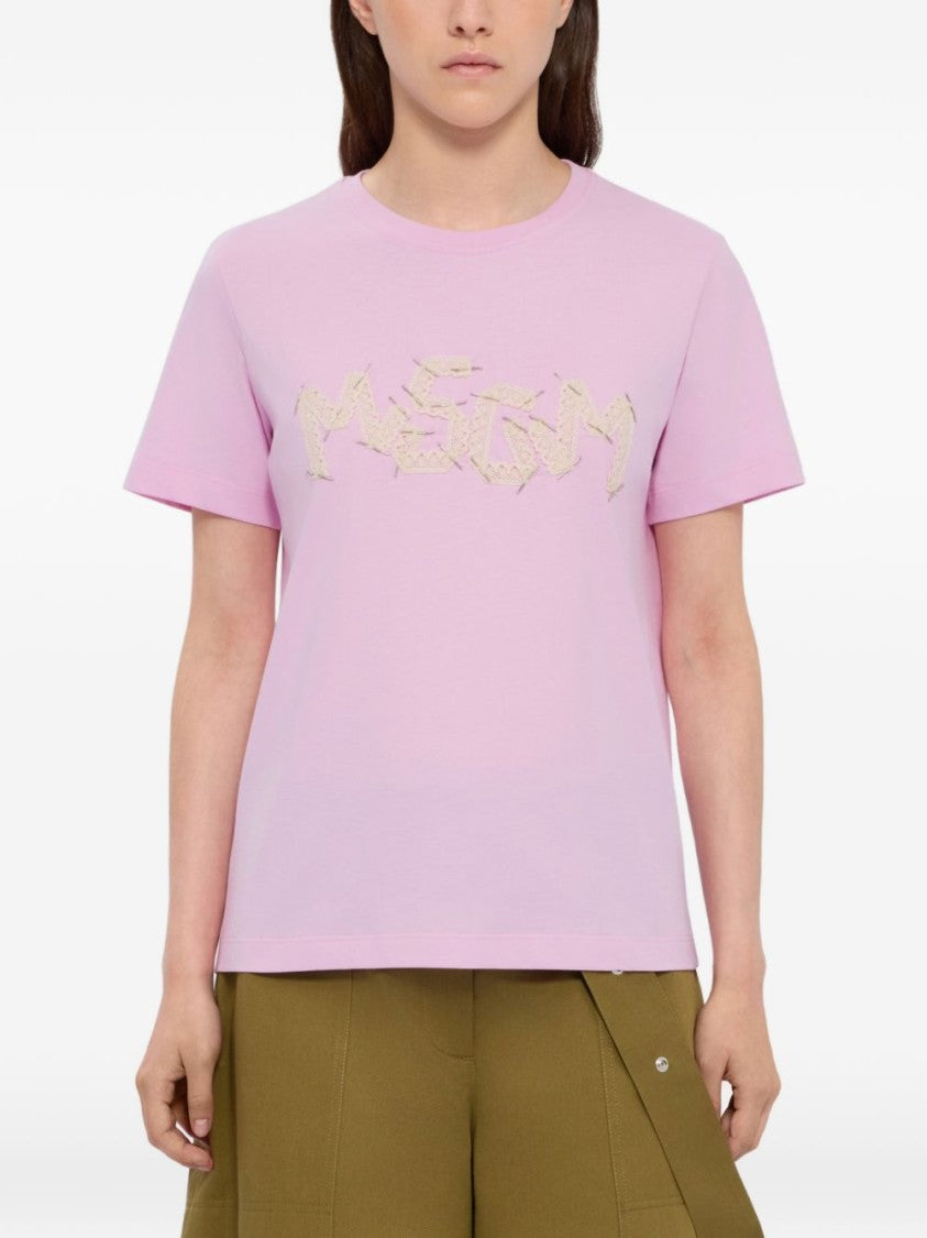 Msgm Light Pink Cotton T-Shirt With Embellished Detailing