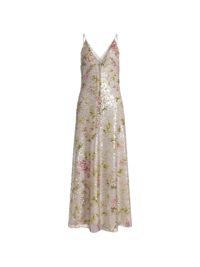 Alberta Ferretti V-Neck Midi Dress With Sequined Floral Design