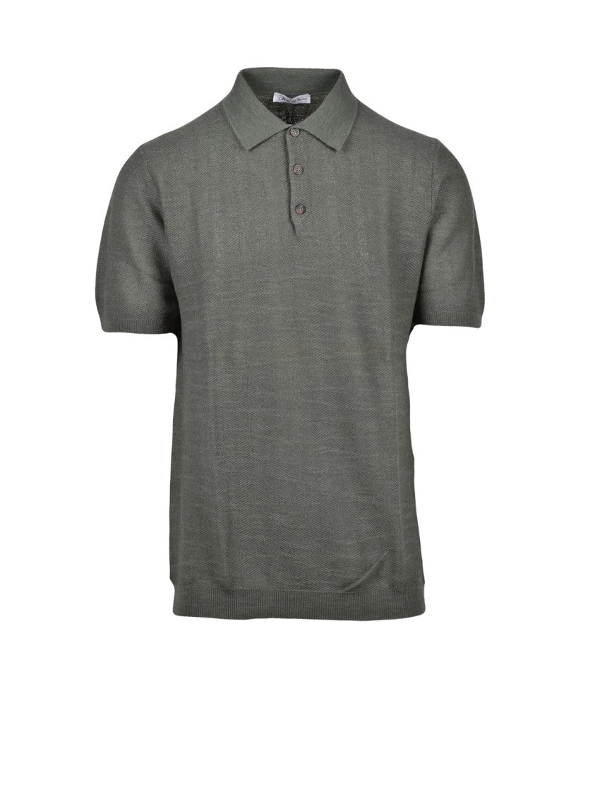 Planet Grid Olive Green Textured Knit Cotton-Linen Polo Shirt