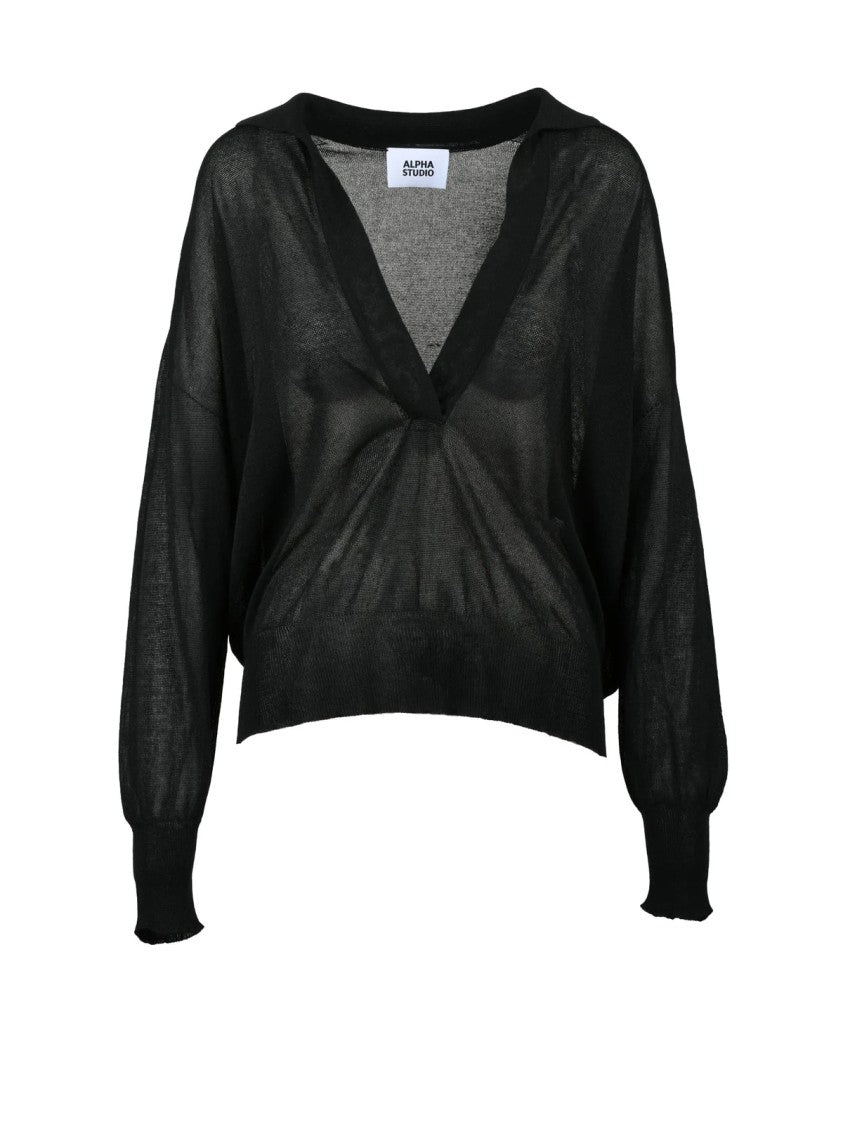 Alpha Studio Black Viscose Polyester Oversized Polo Shirt