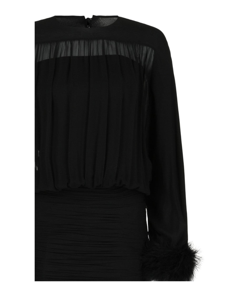 Valentino Ruched Georgette Midi Dress With Feather Cuffs