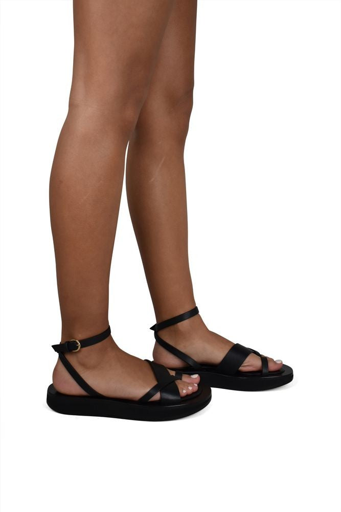 Co Black Leather Flat Sandals With Gold Closure