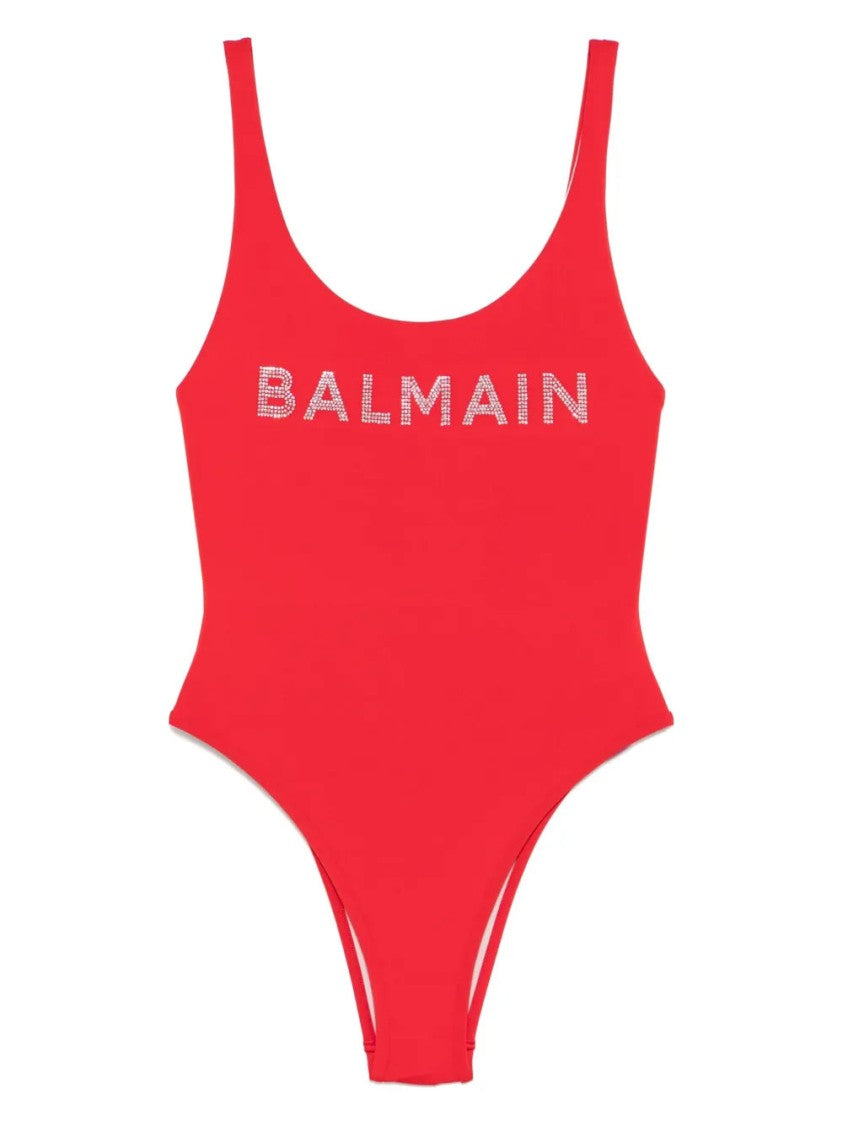 Balmain Red Swimsuit With Deep Scoop Neckline