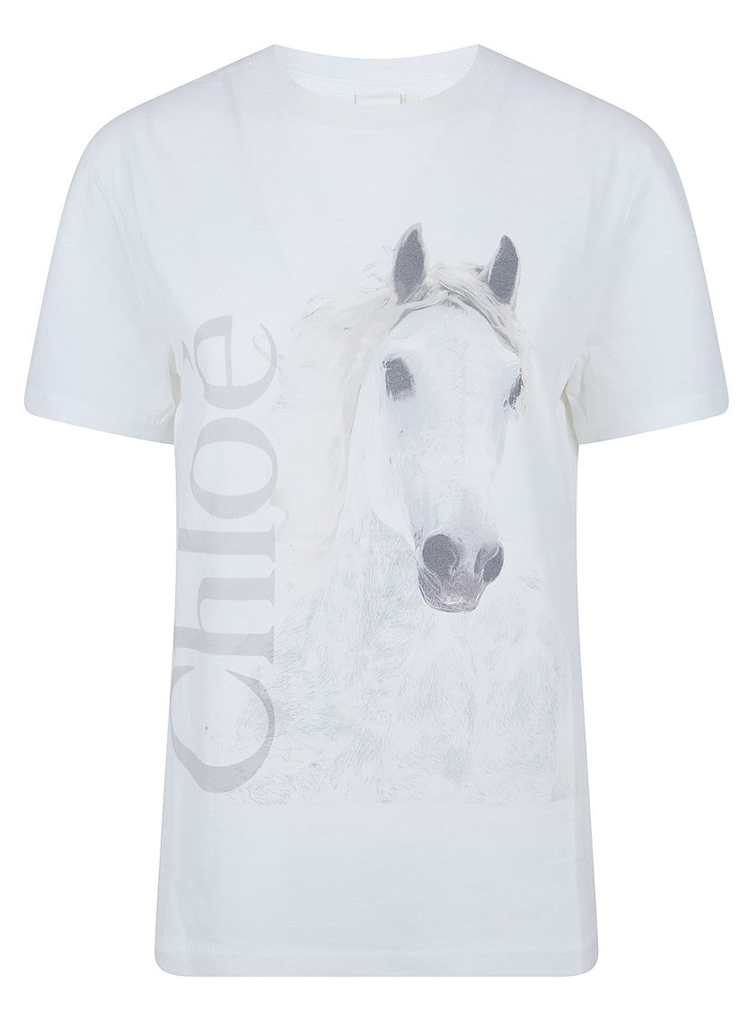 Chloé Organic Cotton Crew Neck T-Shirt With Faded Horse Print