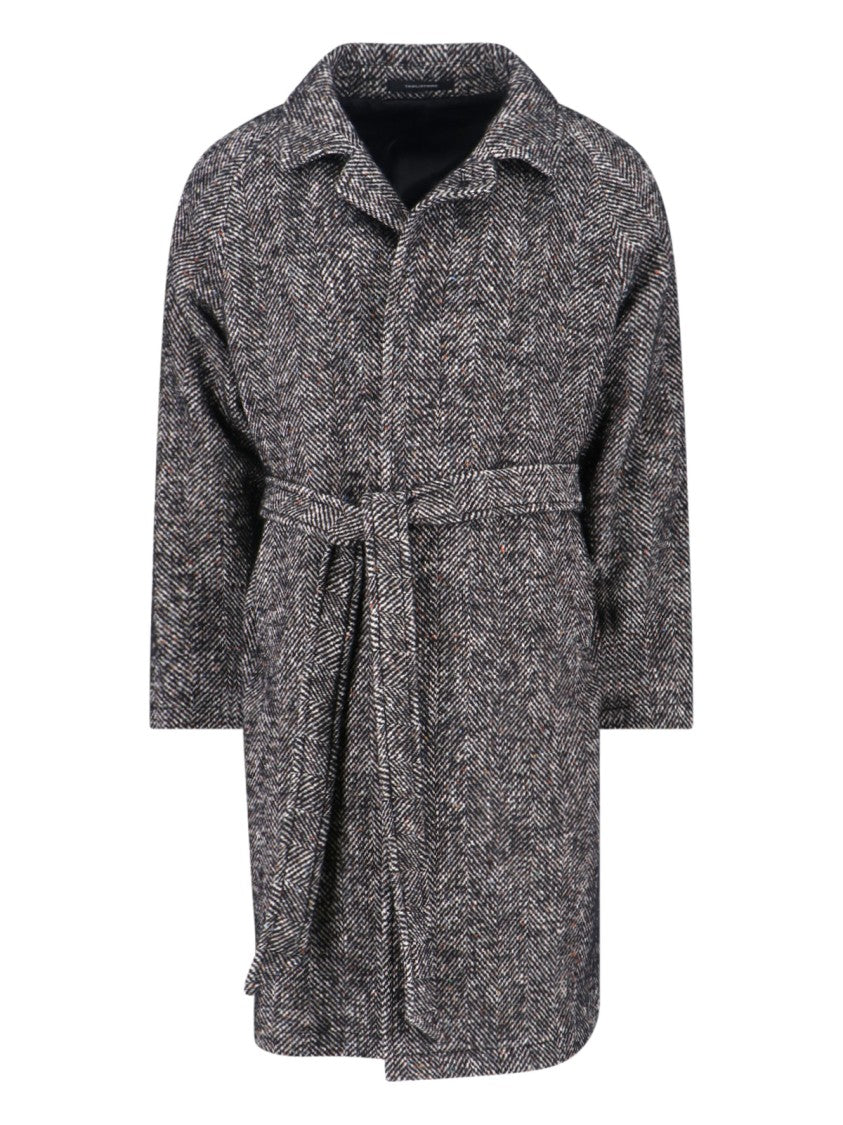 Tagliatore Multicolour Herringbone Coat With Structured Collar And Belted Waist