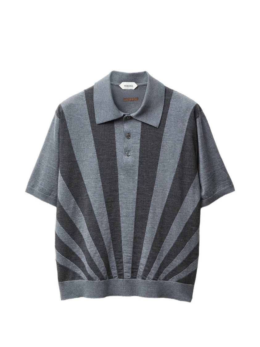 Versace Grey Rays Polo Intarsia Knit Sweater