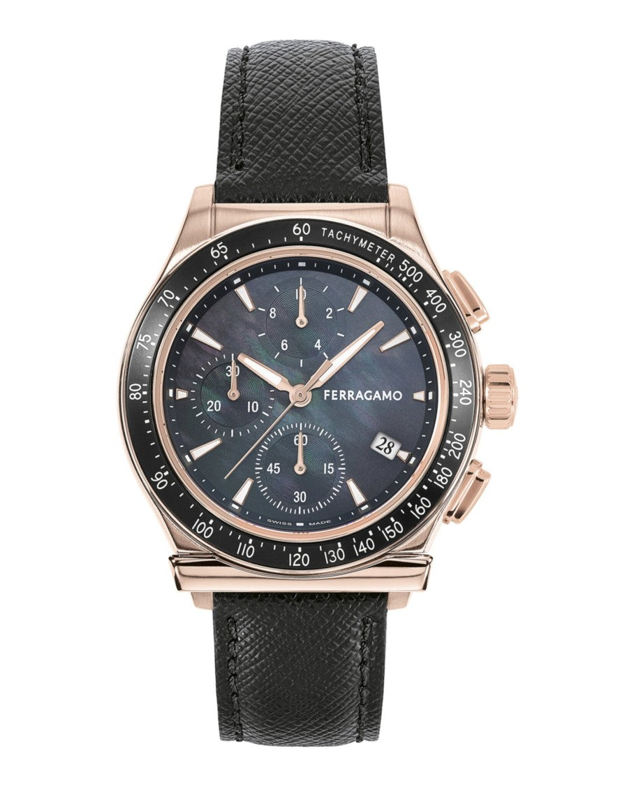 Ferragamo 1927 Chrono Leather Watch With Black Mother Of Pearl Dial