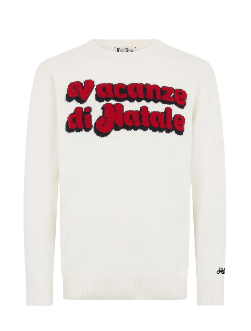 Mc2 Saint Barth White Crewneck Sweater With Textured Lettering