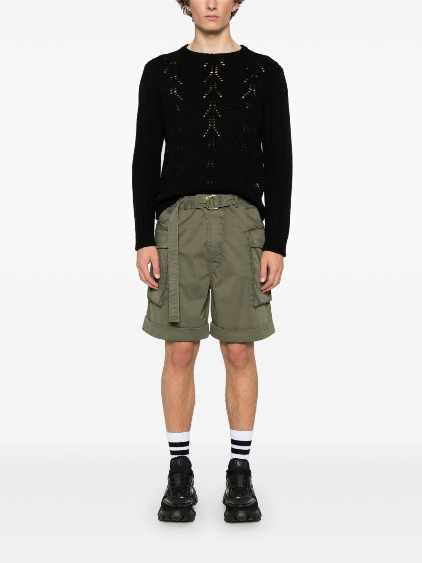 Balmain Olive Green Belted Waist Turn-Up Shorts