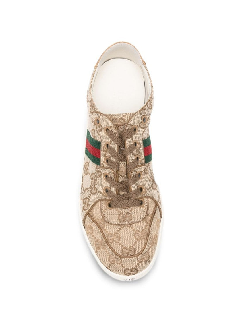 Gucci Beige Monogram Canvas Web Stripe Low-Top Sneakers