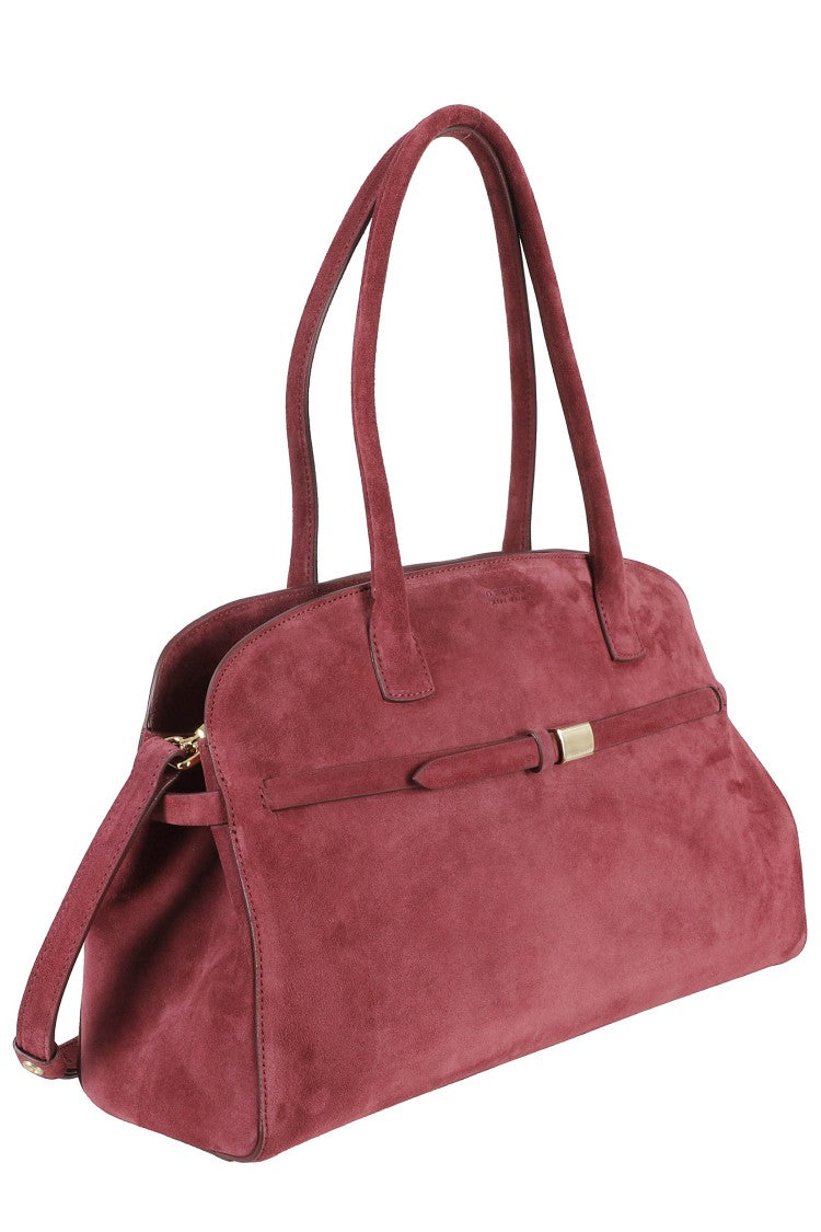 Orciani Elongated Burgundy Suede Handbag With Dual Handles And Adjustable Strap