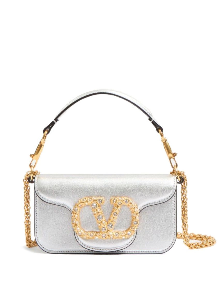 Valentino Garavani Silver Rectangular Gold Logo Chain Strap Handbag