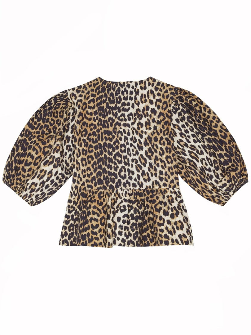 Ganni Multicolor Animal Print Puff Sleeves Cotton Blouse