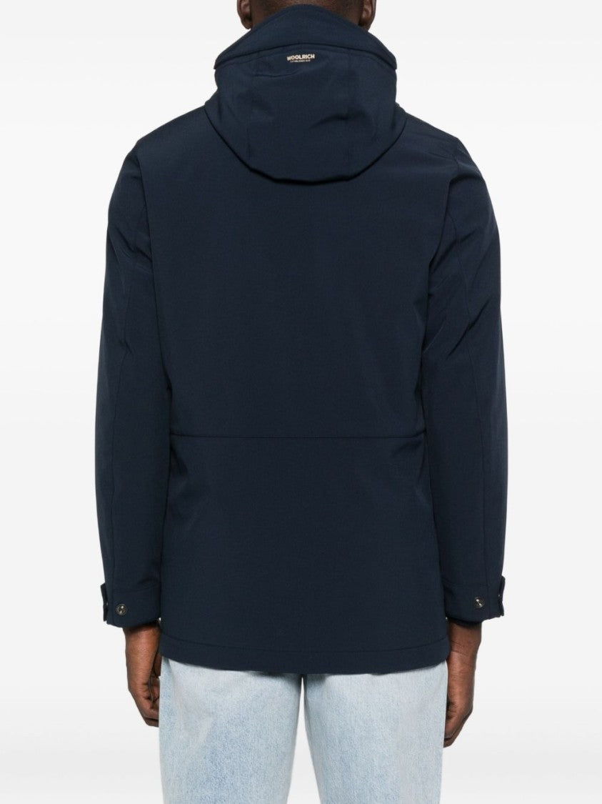 Woolrich Navy Blue Hooded Jacket With Concealed Fastening