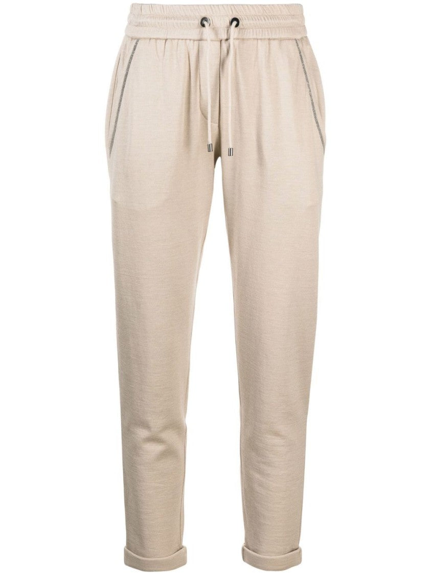 Brunello Cucinelli Beige Subtle Glitter Cotton-Silk Cropped Pants